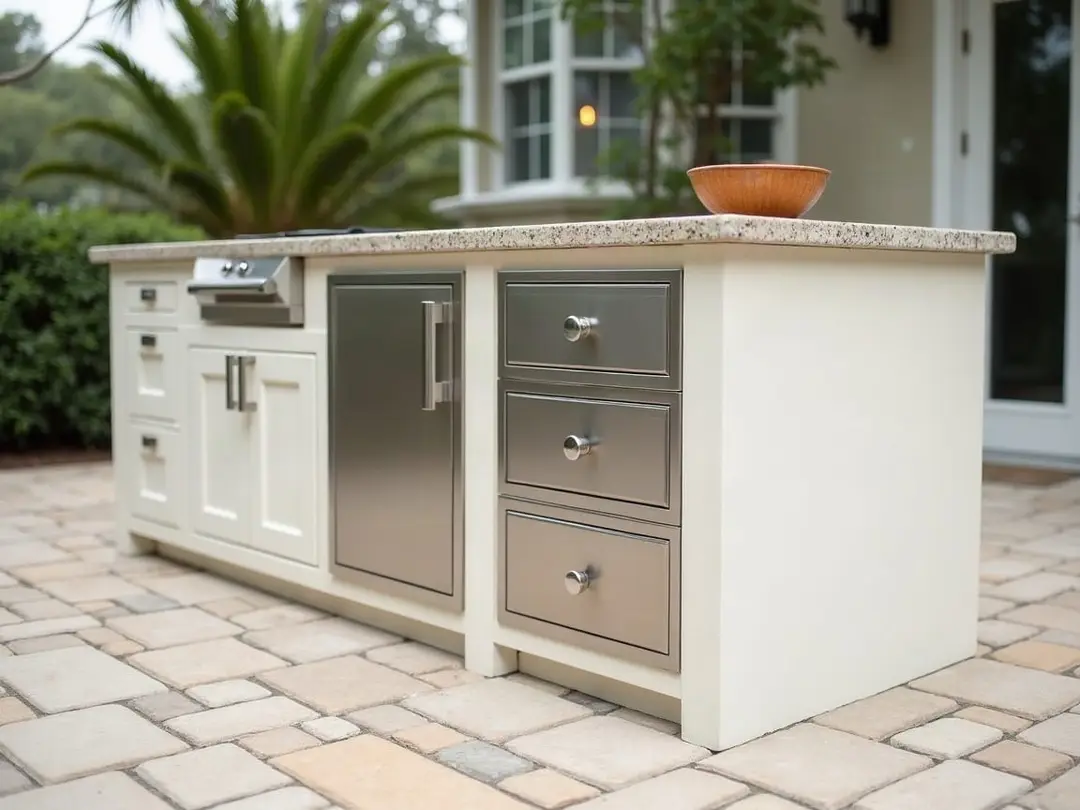 Outdoor kitchen island with a smooth off-white base, a stainless steel access door and a stack of stainless drawers under a speckled granite counter, on a paver patio