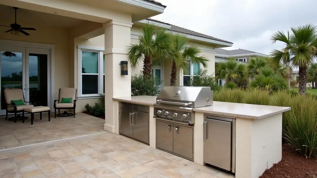Outdoor kitchen island with a built-in stainless grill, stainless doors, and a granite counter on a ground-level paver patio beside a pale stucco house, with palms and native grasses